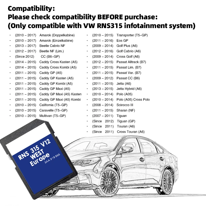 لوحدة VW RNS 315 AZ Sat Nav V12 تحديث الملاحة للخريطة الغربية 2020 2021 بطاقة خريطة GPS توصيل مجاني