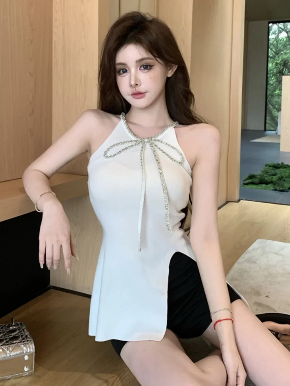 Korejpaa Sexy Tank Top 2024 Summer Diamond Bow Halter Camis Vest Outwear Casual Split Design Slimming Sleeveless Y2k Clothes