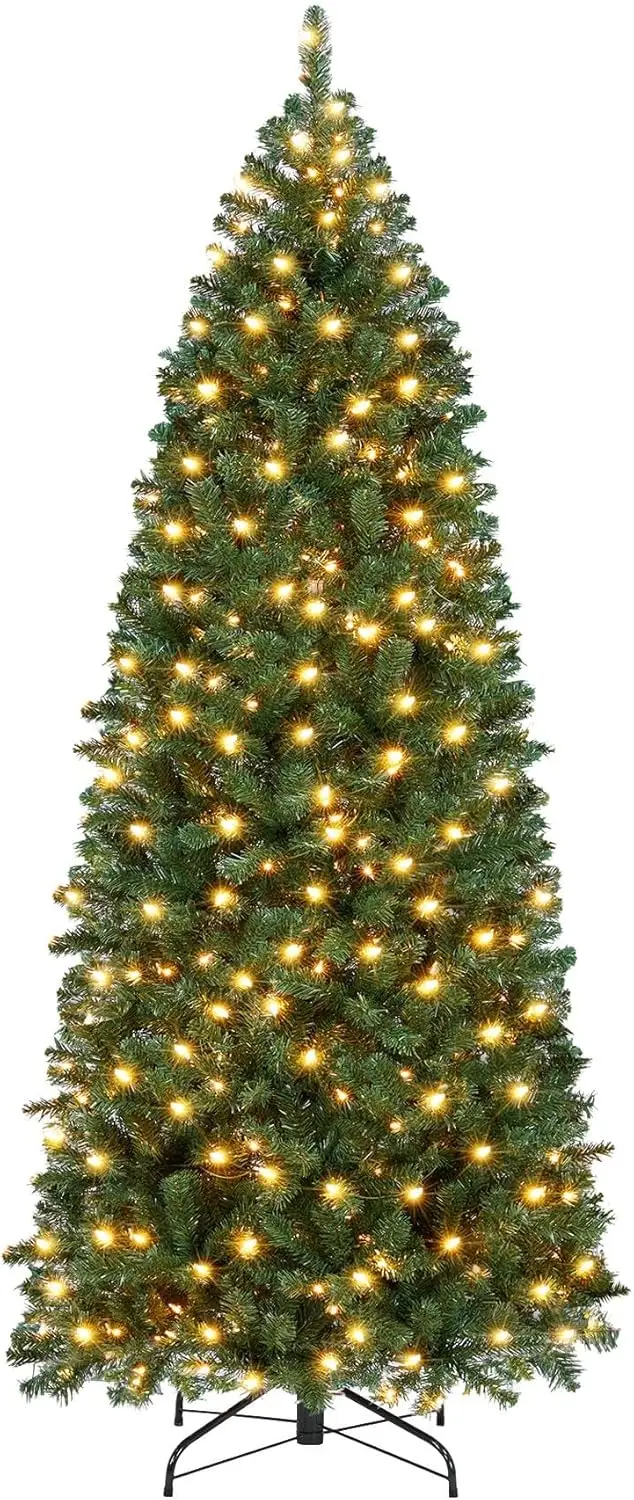 6ft Pre-lit Artificial Christmas Tree Hinged Spruce Pencil Tree Corner Xmas Tree with 250 Warm Lights & Foldable Stand