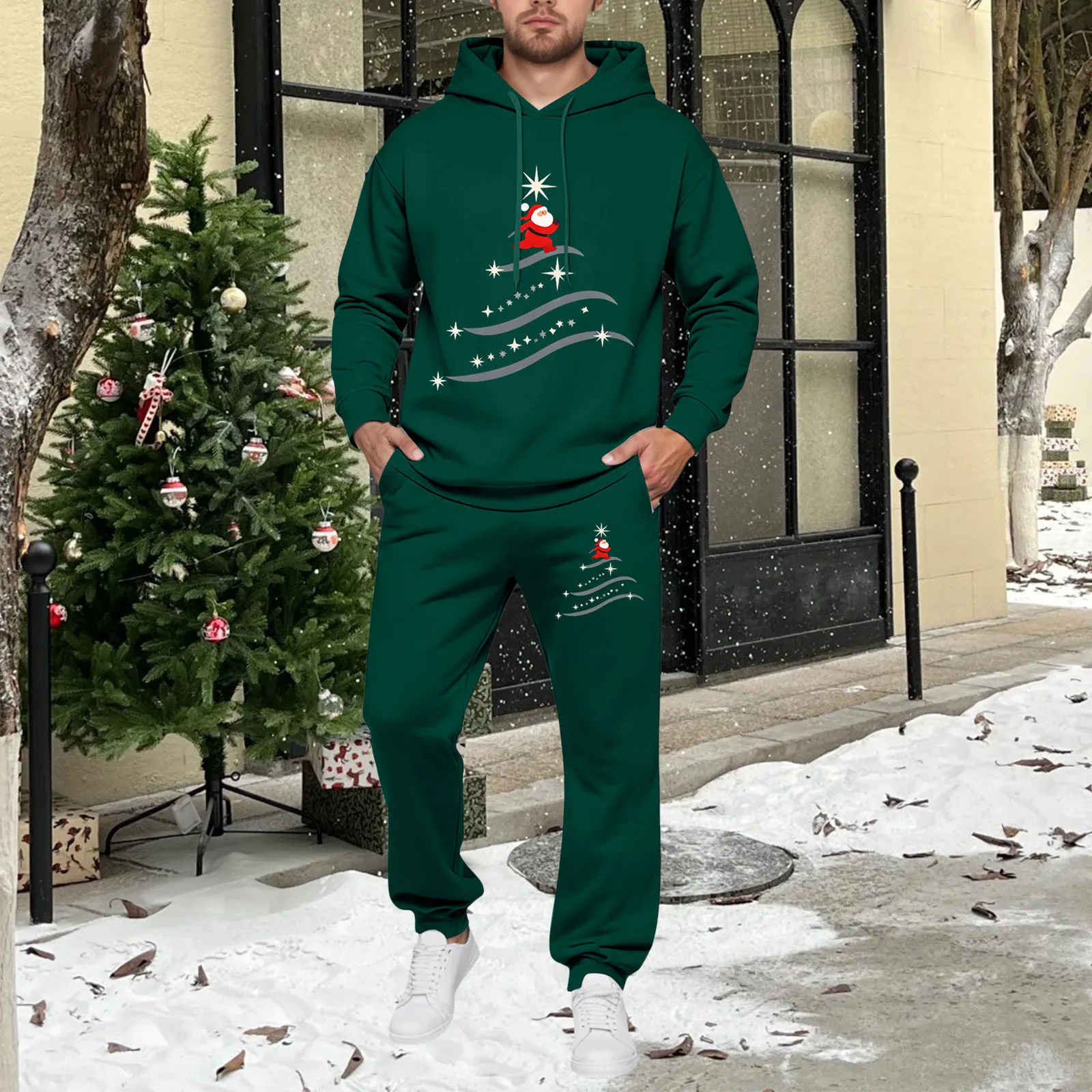 تان الرجال الدعاوى سليم صالح الرجال صوف مبطن مقنعين البلوز و بنطال رياضي مجموعة مع شجرة عيد الميلاد طباعة 3 قطعة جناح الرجال #3