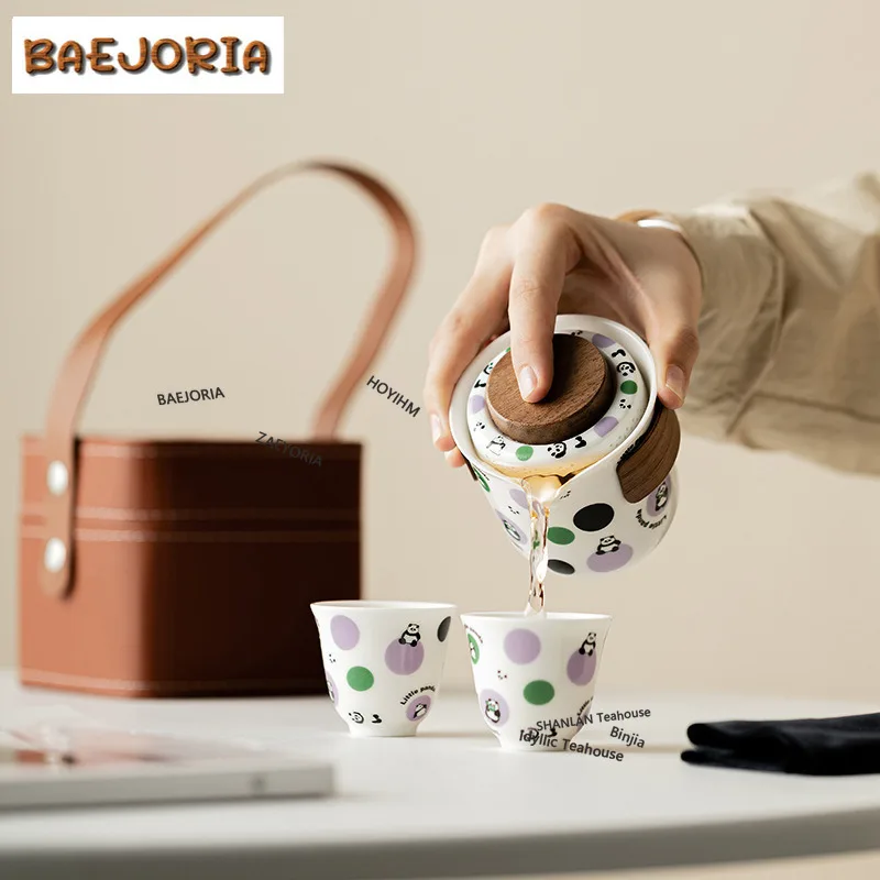BAEJORIA Cute Panda Travel Tea Set Kit Aesthetic Set Of Cups 1 Pot 2 Cups Tea Making Organizer Portable Outdoor Stock Bags Gifts