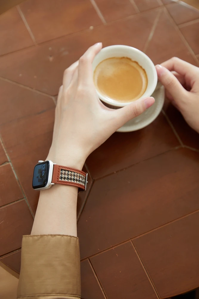 Houndstooth و الجلود حزام ل سوار ساعة يد آبل 38 مللي متر 42 مللي متر 40 مللي متر قماش حلقة SE1 2 3 4 5 6 7 ل iwatch 44 مللي متر 45 مللي متر 41 مللي متر المعصم كوريا