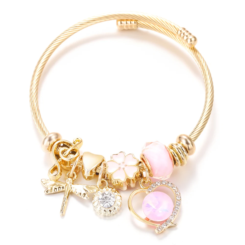 Crystal Heart Shape Dragonfly Pendant Oil Dripping Flowers 4 Colors Beaded Bracelet Stainless Steel Closure Bangle Women Jewelry