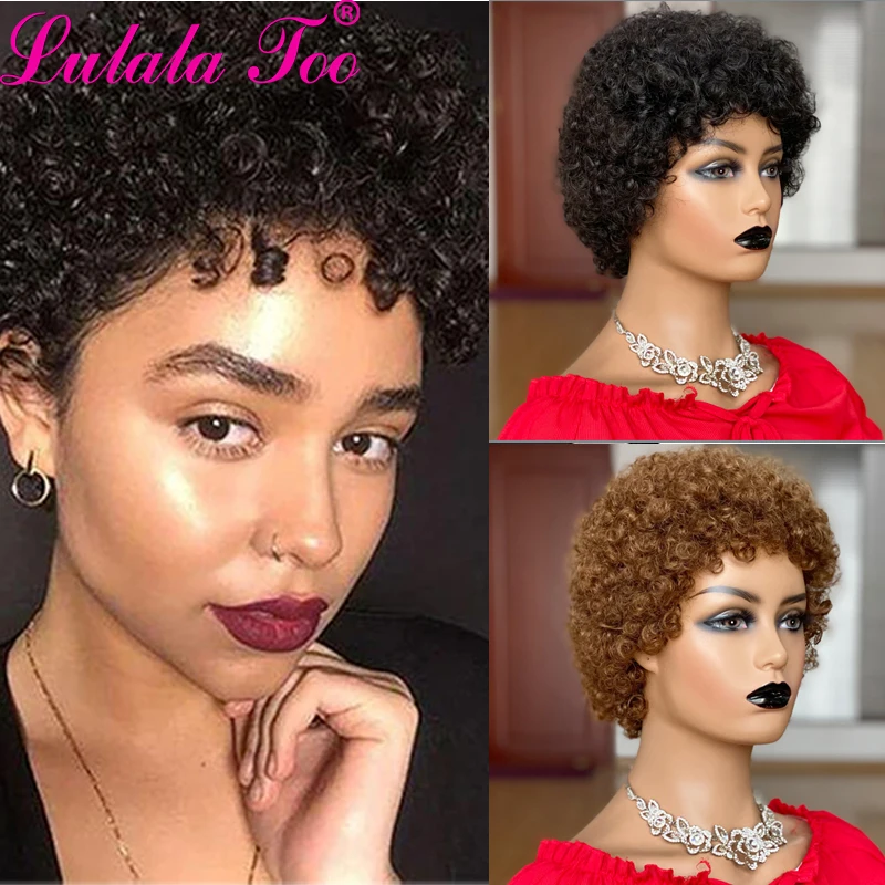 Peluca rizada Afro corta, pelucas de corte Pixie, cabello Remy brasileño, pelucas de cabello humano Afro Puff para mujeres, pelucas completas hechas en Mahine