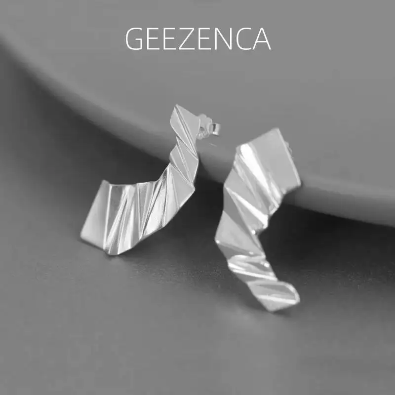 

GEEZENCA 925 Sterling Silver 3D Folded Paper Asymmetry Earrings For Women Original Design Geometric Chic Stud Earring 2023 New