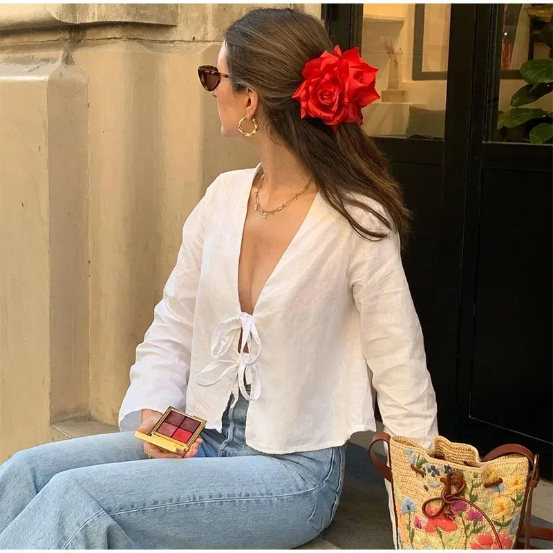 Elegant Loose Lace Up White Shirt Women Fasion V Neck Long Sleeve Casual Tops 2024 Spring Chic New Female Commuting Blouse