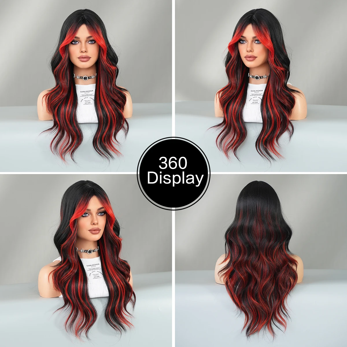 NAMM Highlight Skunk Red Wig Body Wave Synthetic Black Wig for Women Daily Party Use Highlight Red Wavy Wigs with Fluffy Bangs