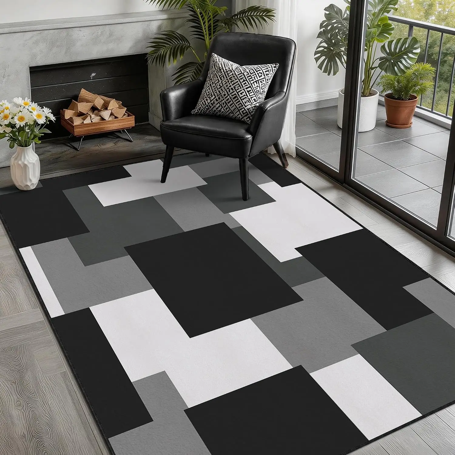 Black White Carpet Living Room Bedroom Rug Charcoal Grey Block Floor Mat Abstract Geometric Pattern Minimalist Home Doormat