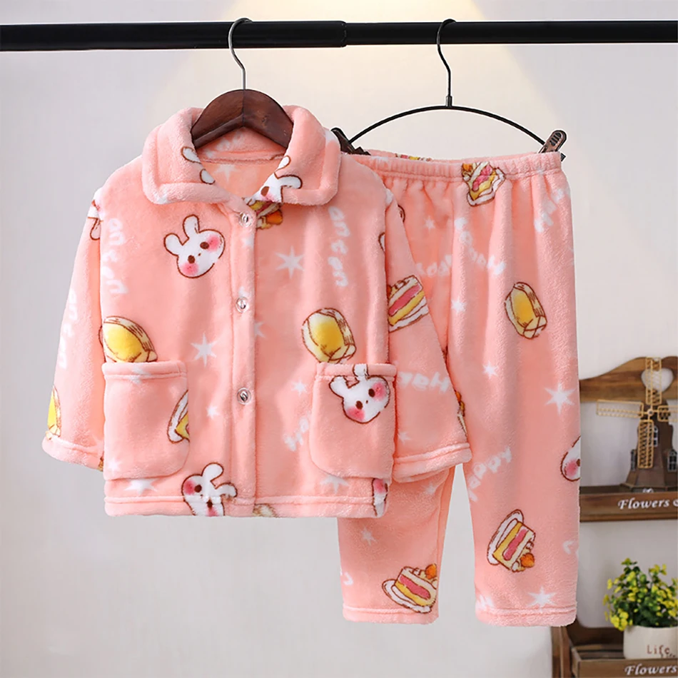 Winter Kids Pajama Set Coral Fleece Sleepwear with Cute Cartoon Clothing Ultra Warm Comfortable Long Sleeve Pajamas for Boy Girl