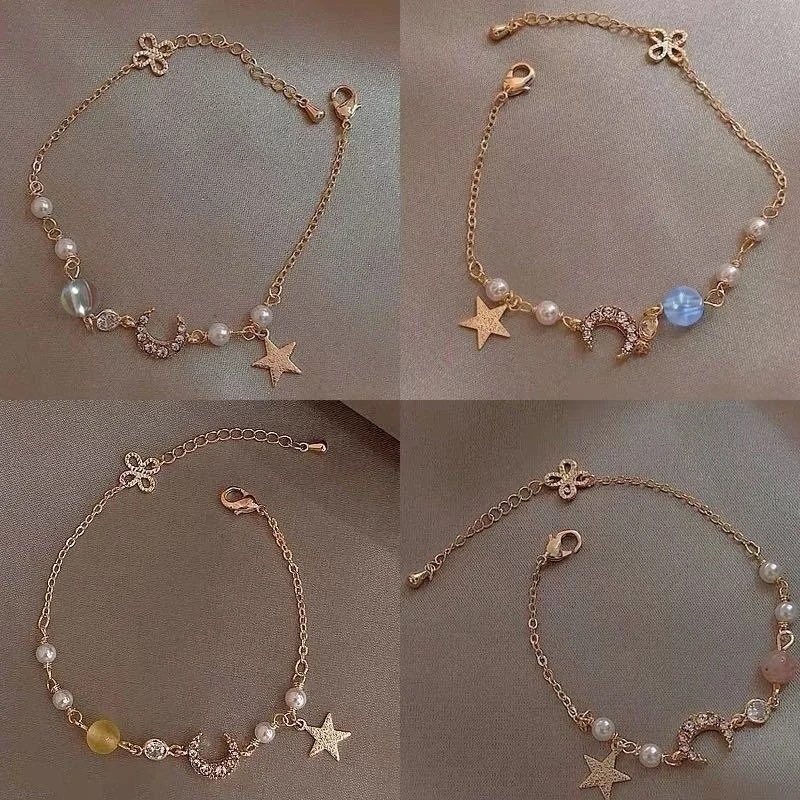 pulseras mujer san valentin tous joyería mujer bisutería mujer aPulsera de cristal Simple para mujer, brazalete de acero inoxidable con perlas, luna, estrella, joyería para chica, regalo de fiesta a juego para parejas