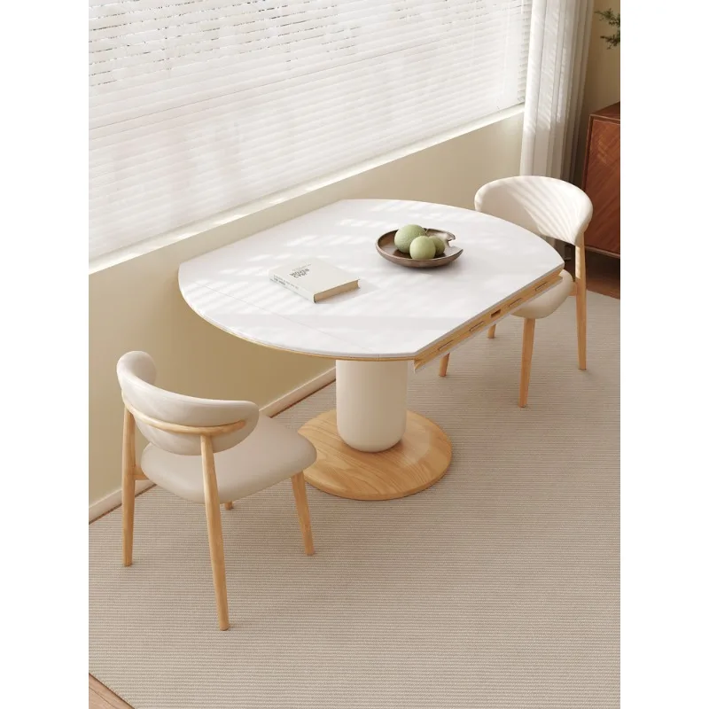 

Log cream wind retractable folding square rock slab dining table household small apartment solid wood small round table