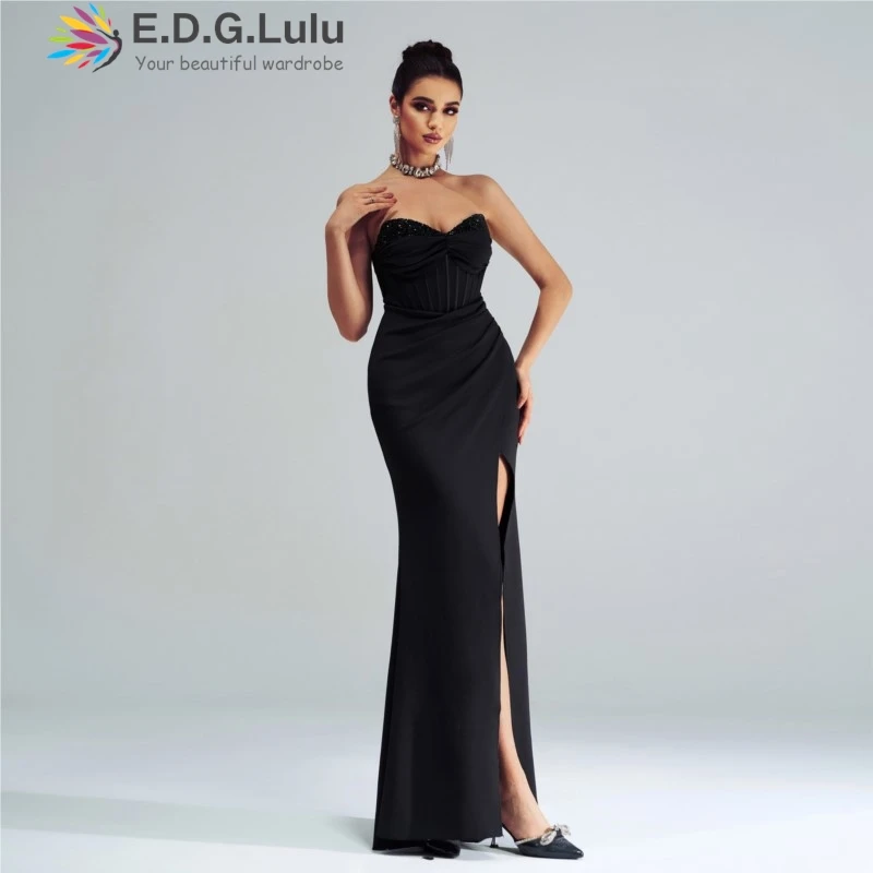 EDGLuLu Sexy Strapless Backless Elegant Party Dress Woman Design Fold High Slit Black Dress Sleeveless Long Evening Gown 0106