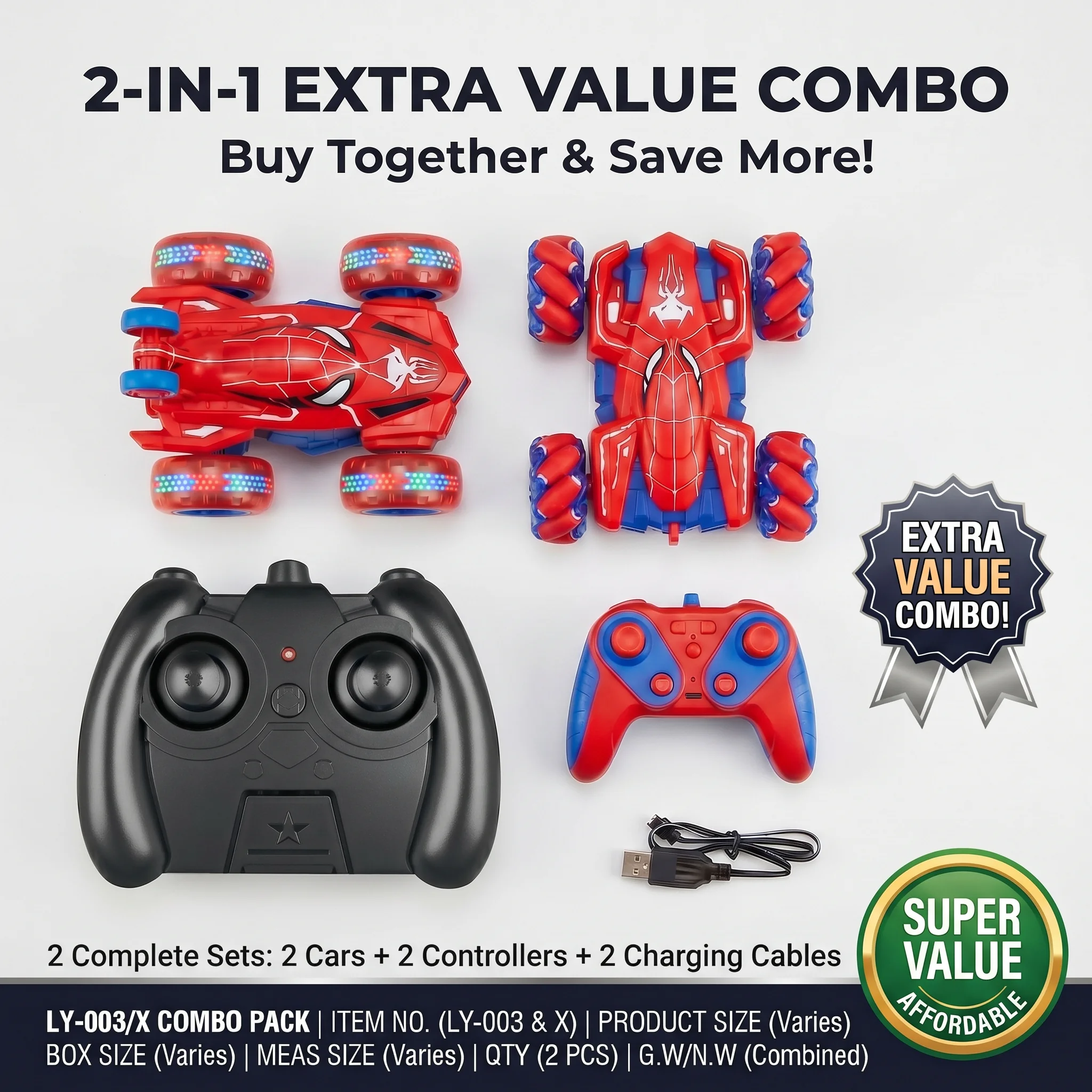 Dual 2Pcs Red Spider RC Stunt Car Bundle for Boys, Full Rotation Flip Light Up Stunt Car & Omni-Directional Drift Mecanum Wheel Remote Control Toy Cars, 2 Complete Sets With Controllers & USB Cables, Birthday Christmas Holiday Gift for Kids view 3