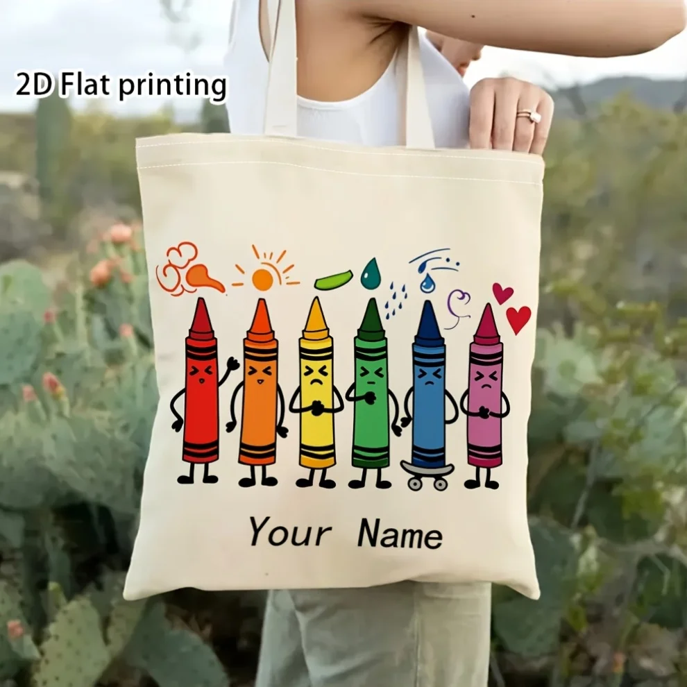 1 Stück/1 Stück, Tragetasche mit Namens- oder Textaufdruck, geeignet für Lehrer, zum Geburtstag, für die Schule – Handtasche mit Buntstift-Motiv, strapazierfähige, wiederverwendbare Einkaufstasche mit