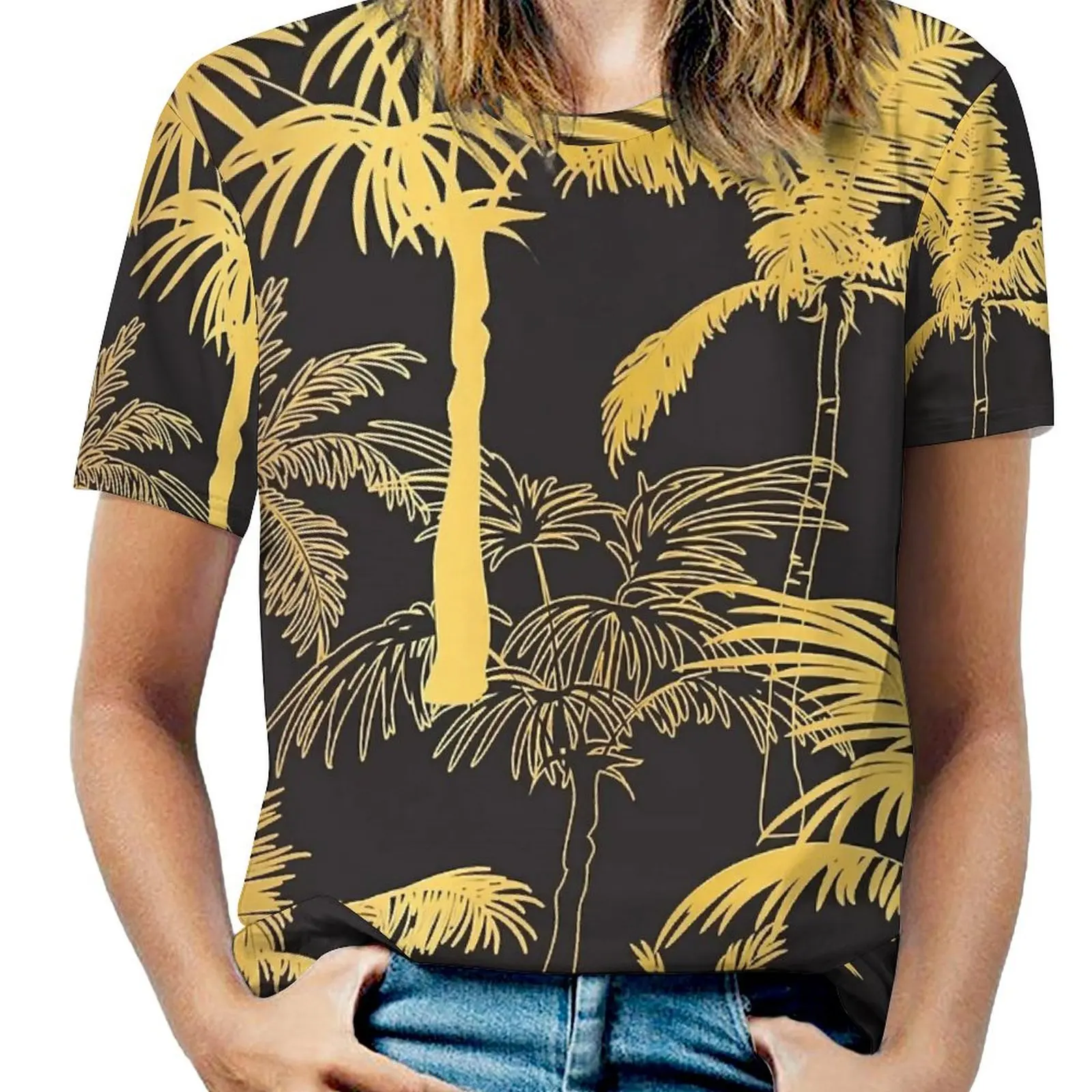 Female T Shirt Golden Palm Trees Print O Neck T-Shirts Short Sleeves  Elegant Custom Tshirt Korean Fashion Top Tees Big Size