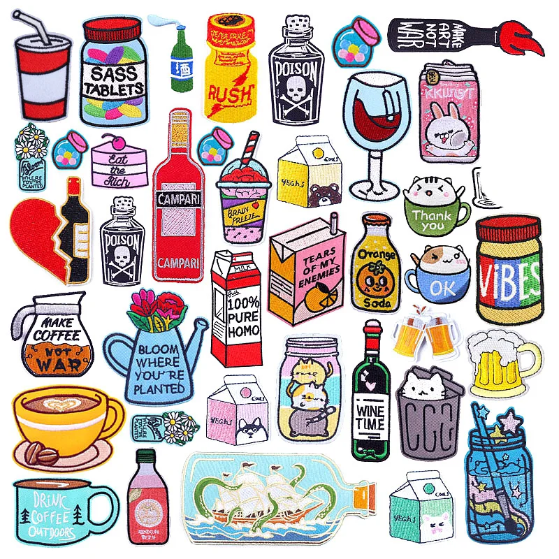 Cute Bottle Patch Milk Drink Iron On Embroidered Patches On Kids Clothes Applique DIY Cartoon Cup Patches For Clothing Stickers