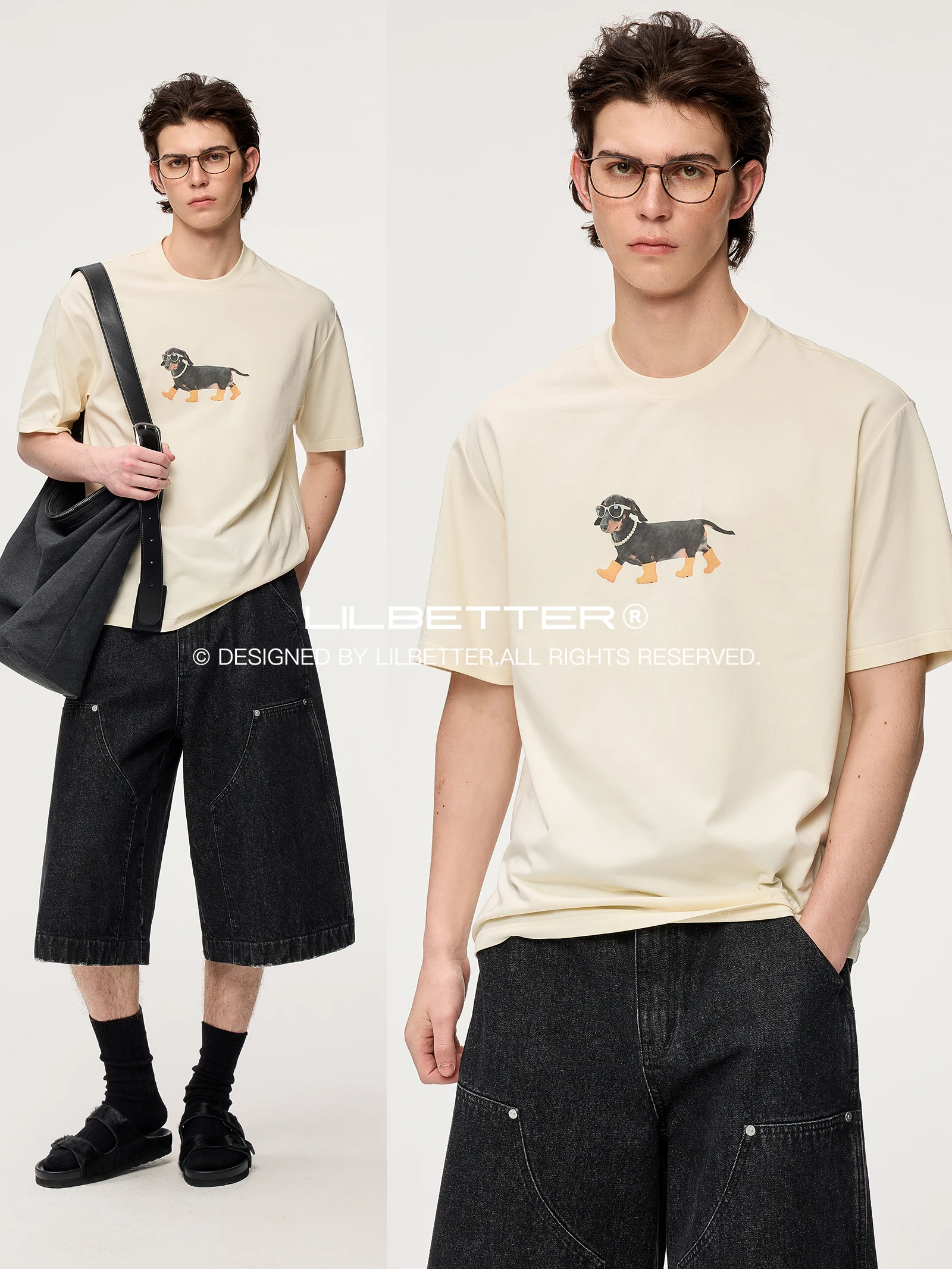 Lilbetter Casual Loose Knitted Short Sleeve T-Shirt with Sausage Dog Print for Youth Antibacterial Fashion Summer Wear