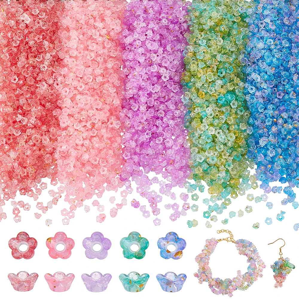 5000Pcs Acrylic Flower Bead Caps 5 Colors 4mm Lily Bell Flower Spacer Beads with Glitter Floral Bulk Loose Beads