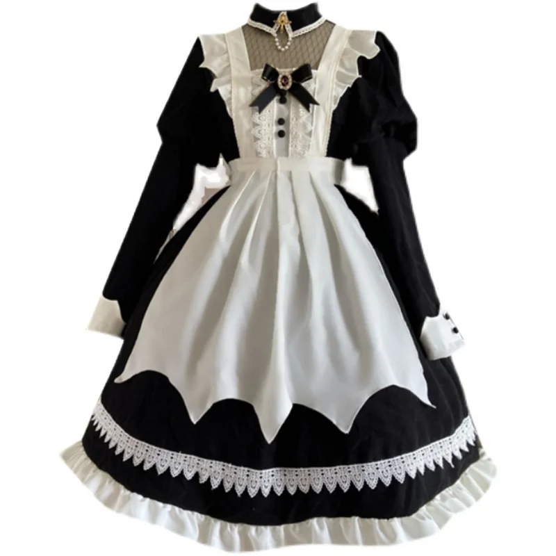 Lolita Maid fur s, Short Retro, Elegant Tablier, Puff Sleeve Jumpsuit, High Waist, Long fur s, Kawaii Girl, Gothic Lolita Op Loli Cos