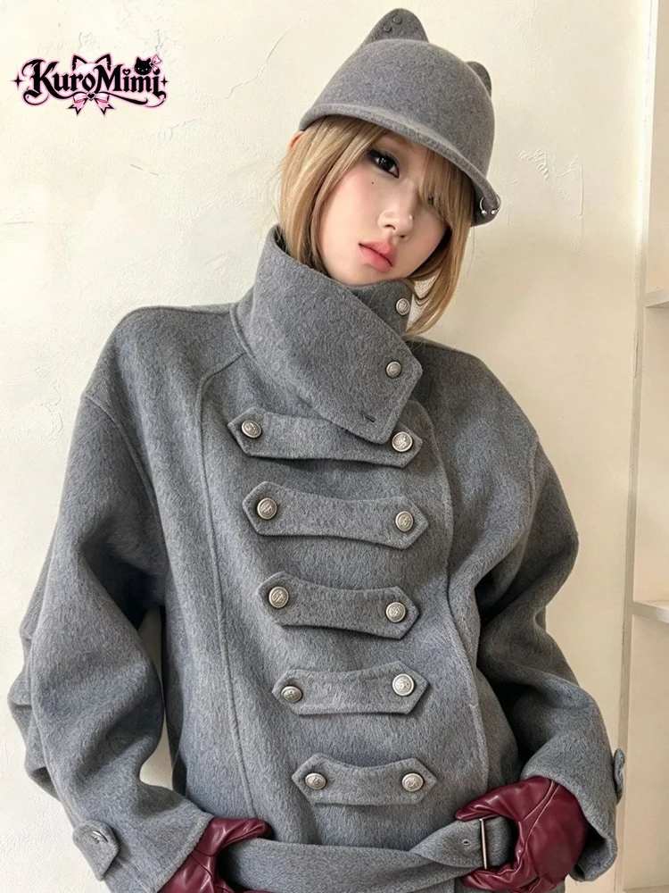 Korean Vintage Princess Elegant Winter Wool Jacket Women Stand Collar Double Breasted Belted Waist Slim Fit Casual Outerwear New