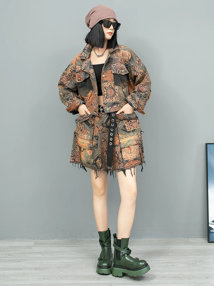 Trendy Stylish Printed Vintage Denim Long Sleeved Jacket + Wide Leg Shorts Two-piece Set Women 2024 Early Autumn LX1907