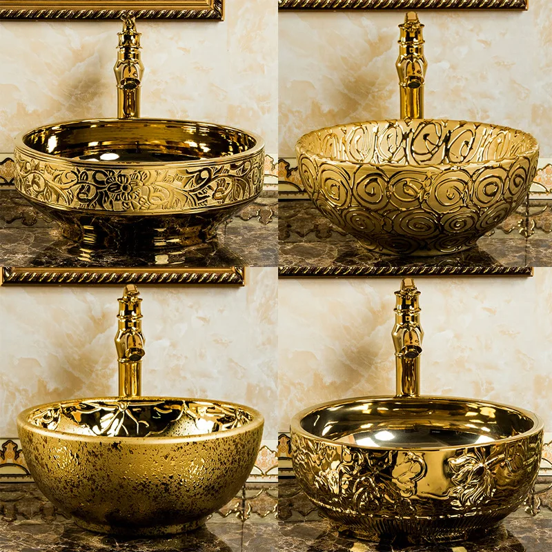 Ceramic table basin wash basin electroplated gold basin carved washbasin