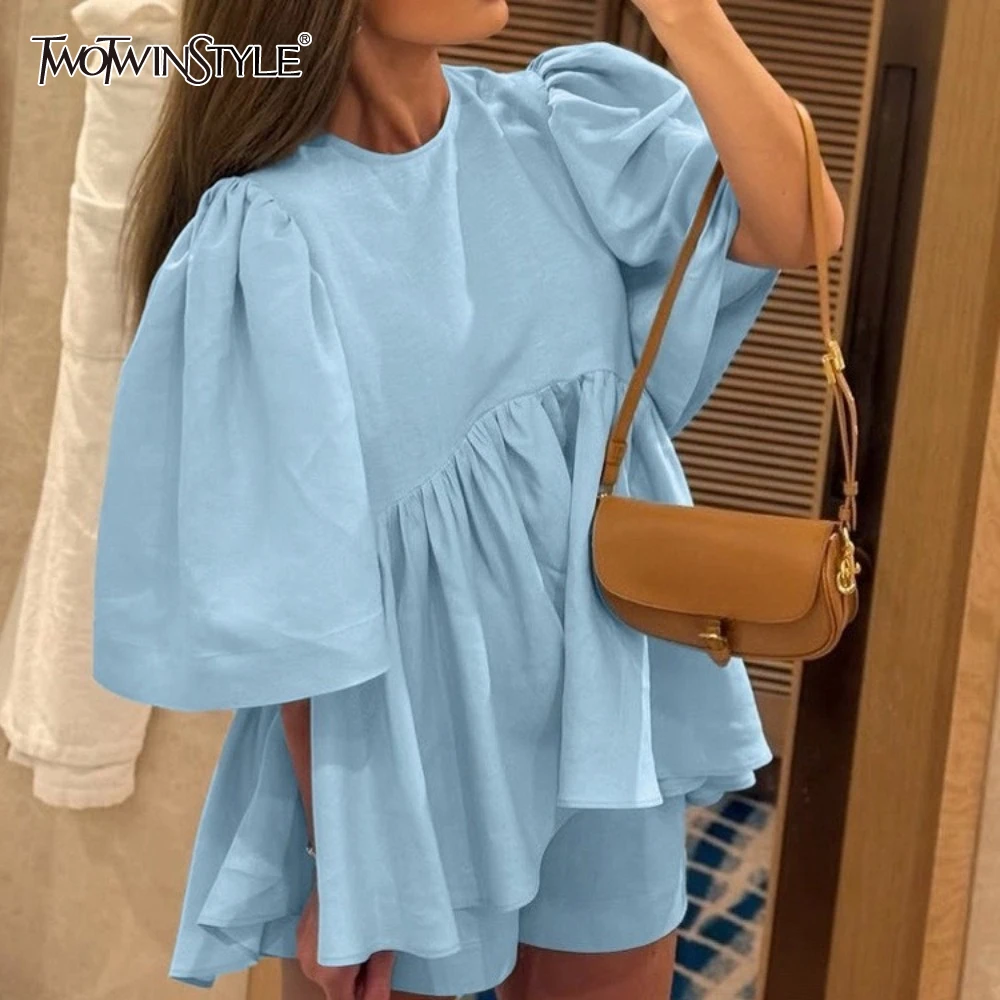 

TWOTWINSTYLE Casual Blue Two Piece Set for Women Round Neck Short Sleeve Loose Puff Shirt High Waist Shorts Fashion Suit Female