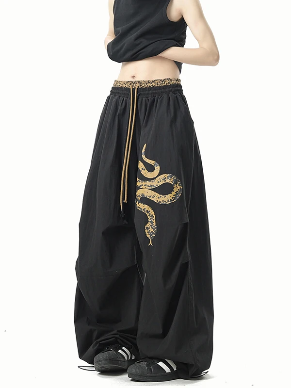 

American Sle Bla Gold Snake Skin Paratrooper Pants Men Summer Thin Street Dance Hip Hop Wide Leg Pants Breathable Ice Sil...