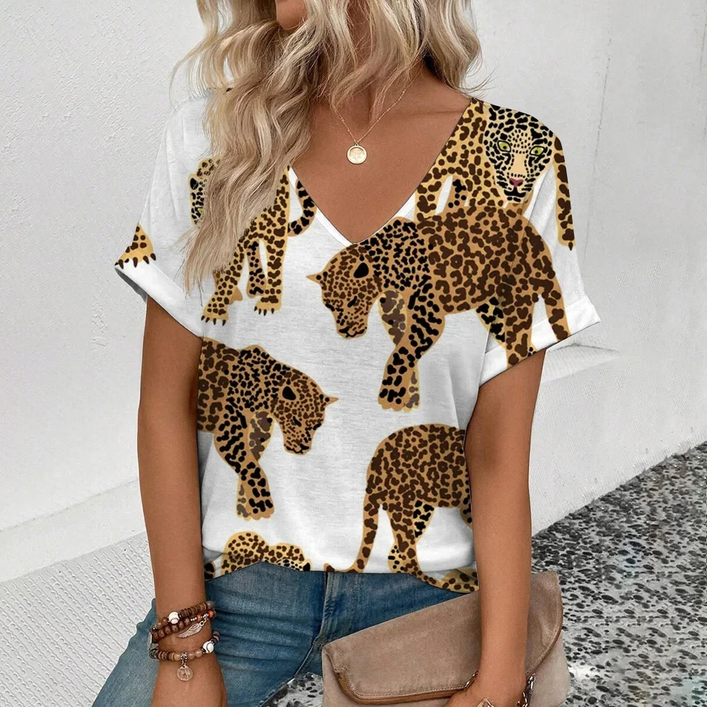 Summer clothing V-neck sexy leopard print T-shirt animal pattern women\'s shirt short sleeve street Korean style women\'s clothing