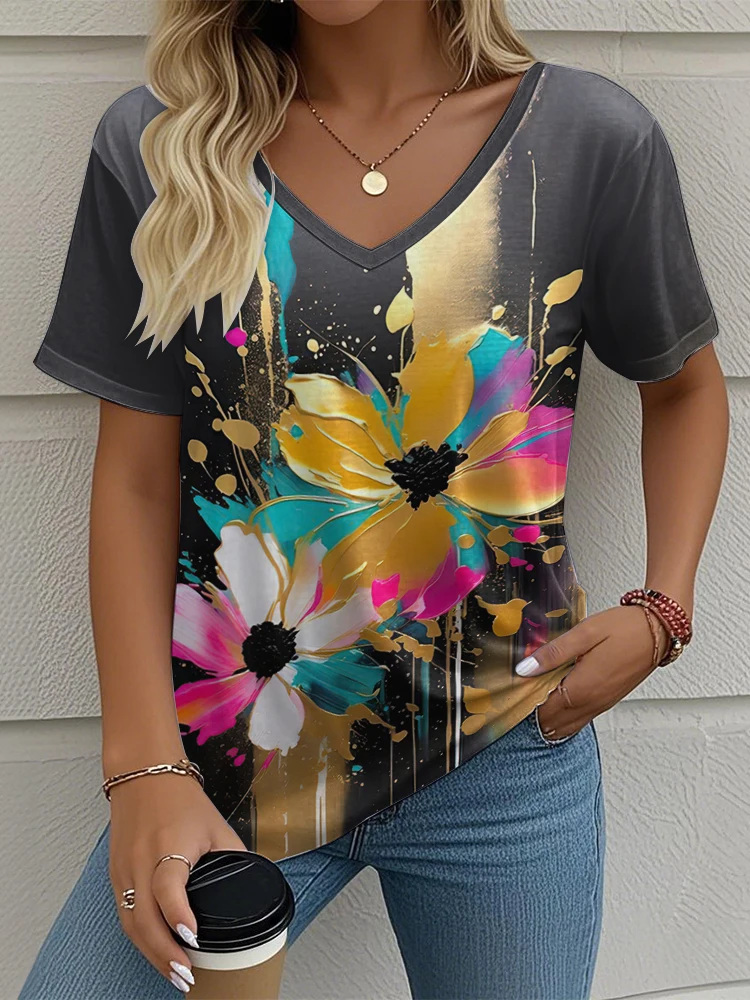 Flower Women's V-neck T-shirt Summer Outdoor Casual Short Sleeve Tops Fashion 3D Printing Trendy OverSize Women's Clothing view 4