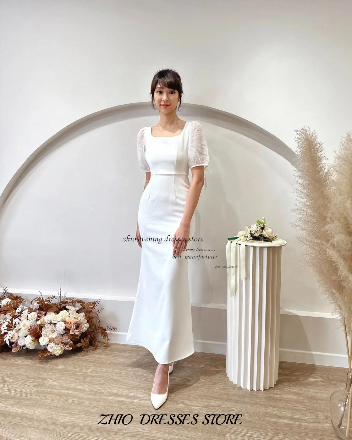 ZHIO простое современное свадебное платье трапециевидной формы с квадратным вырезом и пышными рукавами на заказ, атласное элегантное свадебное платье, длинное минималистское платье для фотосессии
