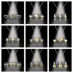 Luxury Gold Color Stainless Steel Little Bear Jewelry Sets Charms Earrings LOVE Necklace Women Girls Kids Christmas Gift TZ12