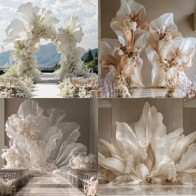 Luxury custom wedding stage showcases giant silk flower metal frame background wall for wedding event art deco installation