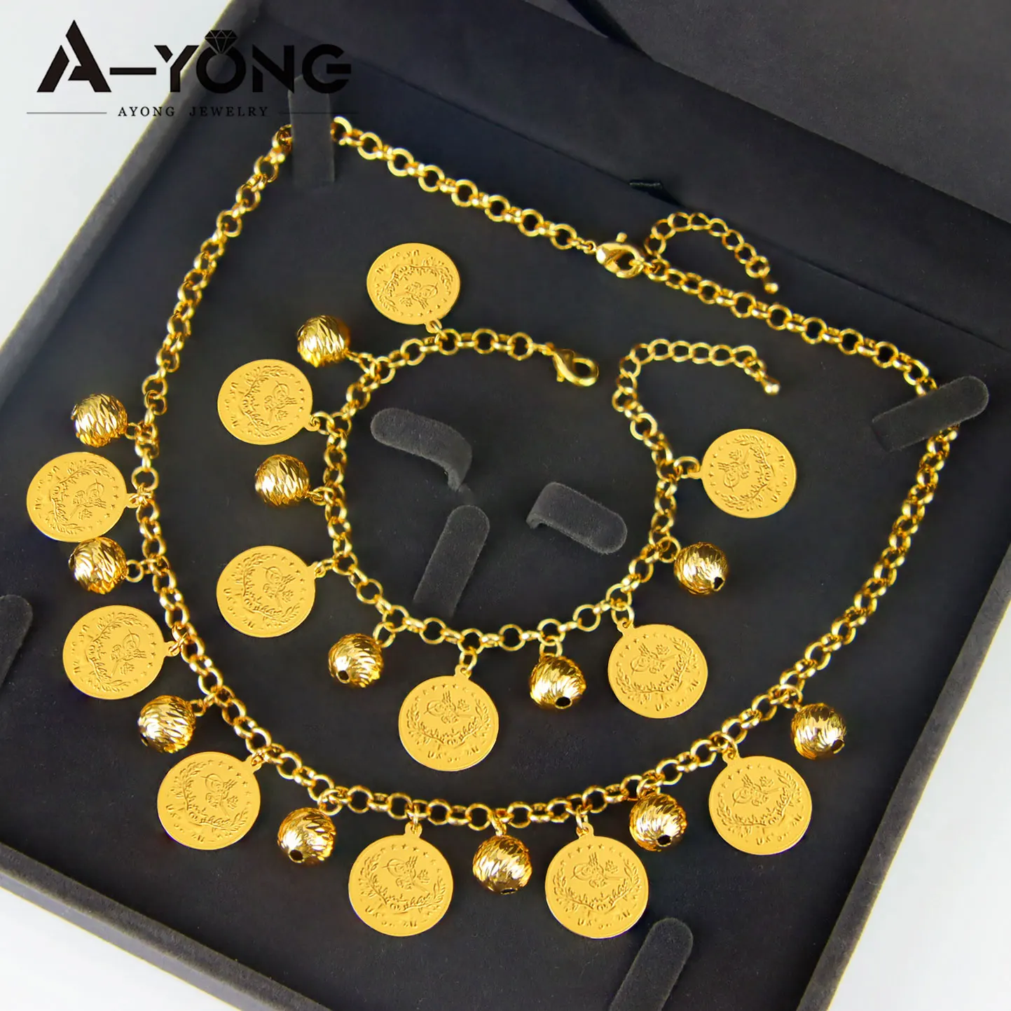 Ensemble de bijoux de pièces de monnaie de mode musulmane arabe plaqué or 21 carats, collier de perles Vintage turques, Bracelet de dubaï pour femmes, bijoux Punk