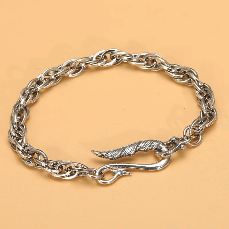 

S925 thai silver retro distressed stylish punk style buckle feather eagle bracelet men and women trendyfashion jewelry