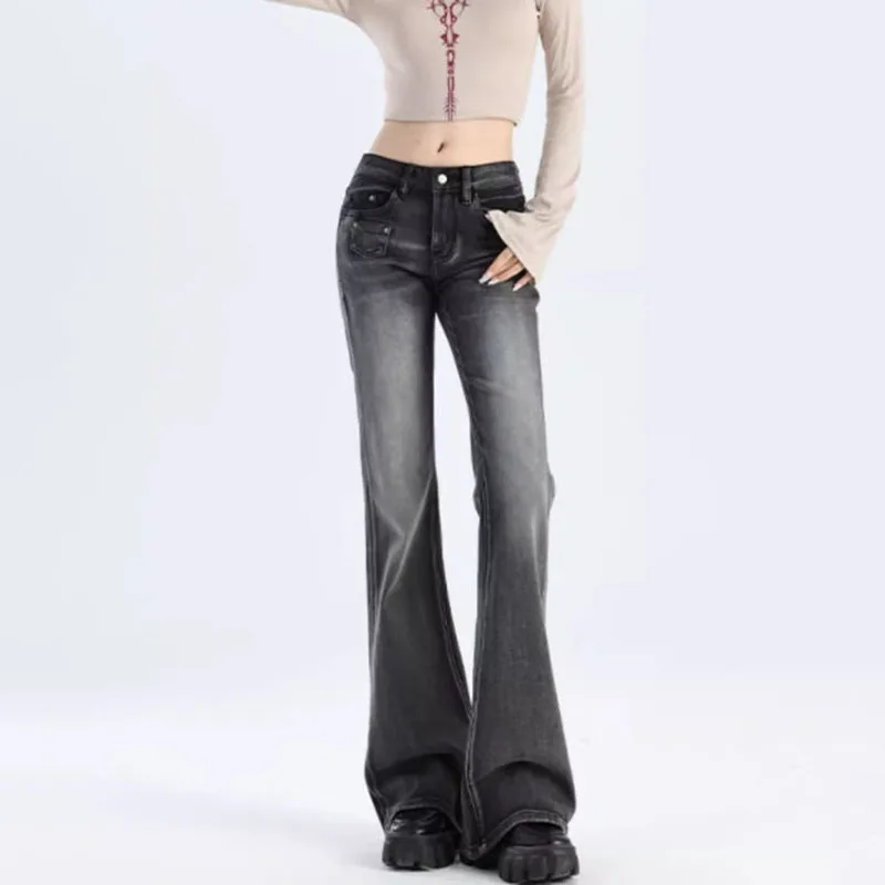 Women's Vintage Y2K Flared Jeans Korean Button-Up Low Rise Casual Denim Pants Female Versatile Elastic Slim Fit Jean Trousers