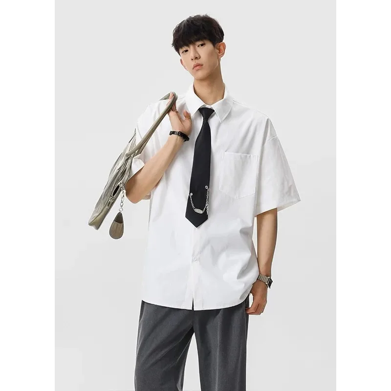 Loose Casual Short Sleeve Collared Men's Shirt Summer Cool Feeling White College Style Fashionable Standard Fit Polyester Fiber