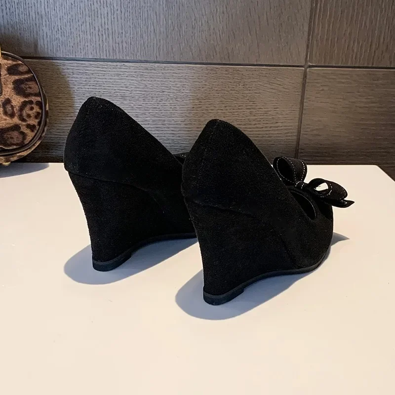 Women Fashion Bow Tie Flock Wedge Shoes Zapatos De Mujer Lady Platform Casual Black Office Party Shoes Sapatos Femininas