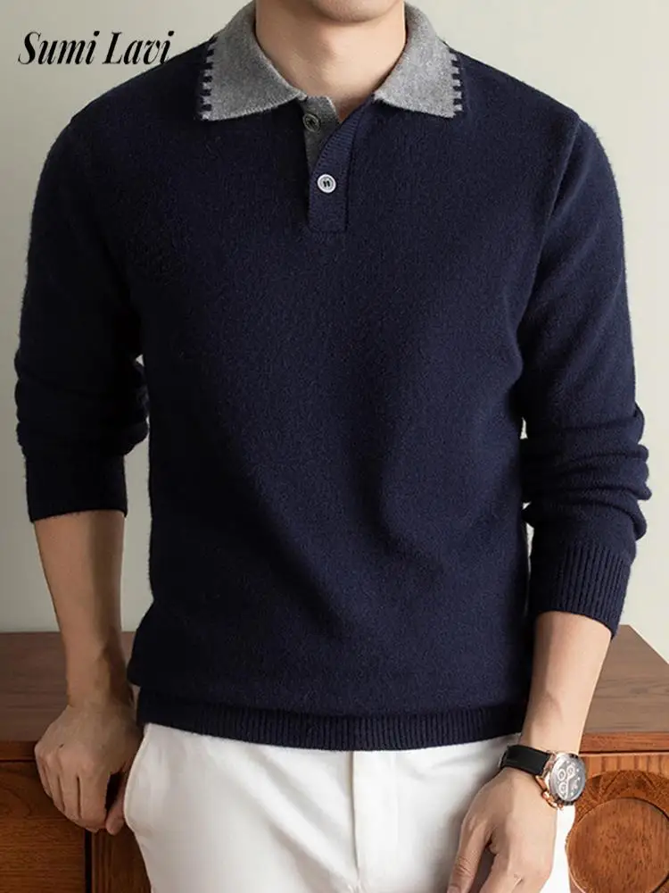 Mens Contrast Color Lapel Knitted Polo Pullover Long Sleeve Thick Knitting Sweater Daily Casual Autumn Winter Warm Outer Tops