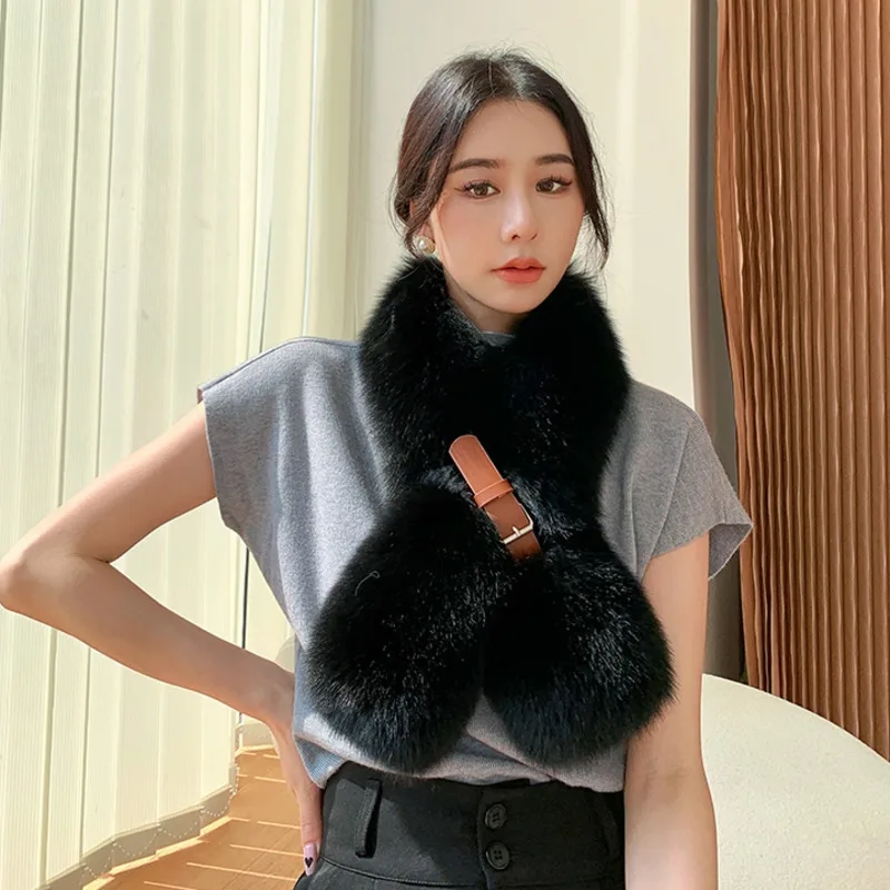 Winter Fur Scarves For Women Real Fox Fur Collar Women's Cross Belt Card Buckle Black Fur Scarf Shawl Furry Neck Warmer Scarf