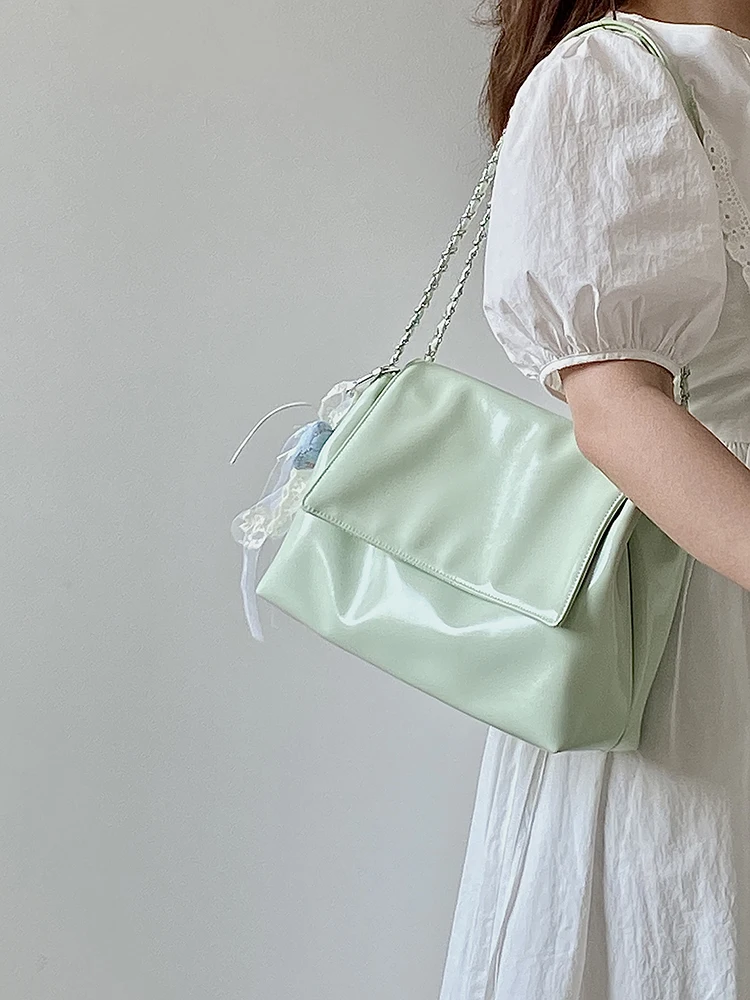 

Зеленая женская сумка 2022, осень-зима, прямоугольная сумка-тоут из искусственной кожи с цепочкой, популярная корейская однотонная высококачественная сумка на одно плечо