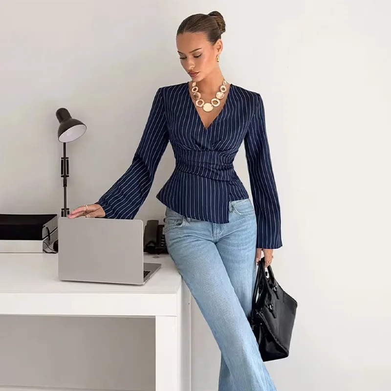 Women's Fashionable Striped V-Neck Long Sleeve Shirt Slim-Fit Pullover Blouse EU Size