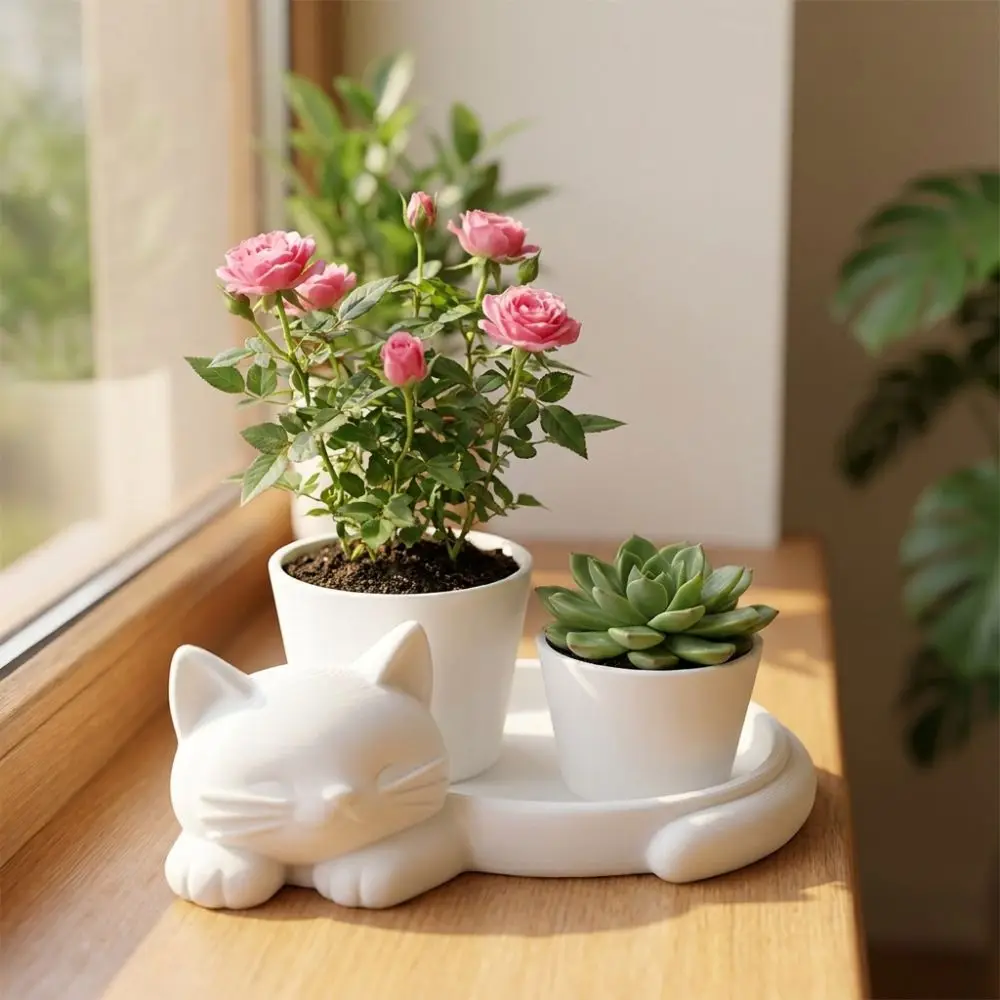 3D Printed Cat-Shaped Flower Pot Lazy Cat Cute Animal Mini Potted Plant Lifelike Novelty Succulent Vase Dressing Table
