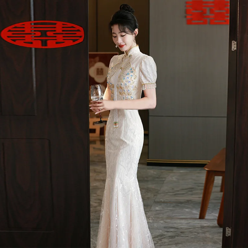 

Traditional Xiuhe New Chinese Style Champagne Gown Tang Suit Engagement Wedding Bridal Bridesmaid Dress Vintage Improved Qipao