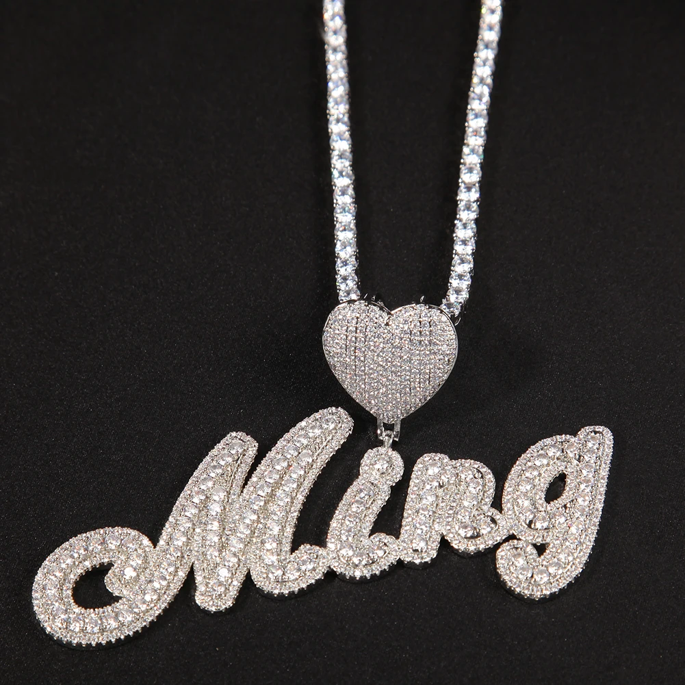 Uwin Heart Bail Brush Cursive Letter Pendant Name Necklace Pendant Micro Paved CZ Personalized Baguettes Chain Hiphop Jewelry