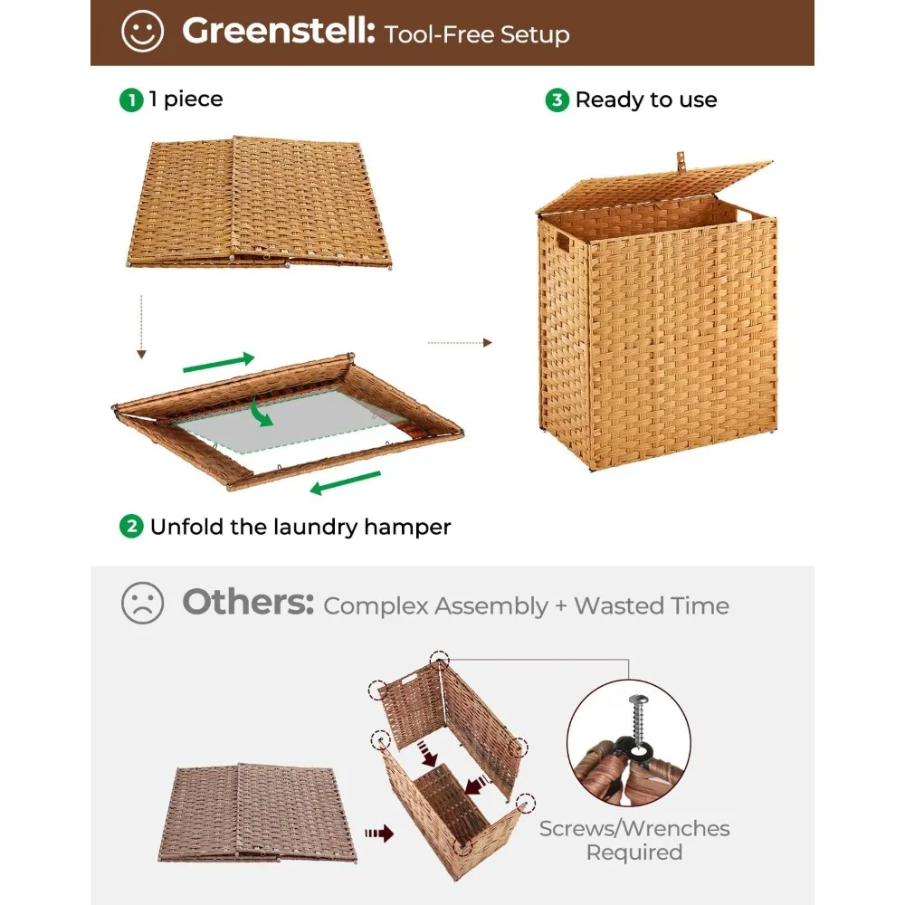 سلة غسيل قابلة للطي مع غطاء، 110 لتر لا حاجة للتثبيت، 2 كيس بطانة قابل للإزالة، سلة الروطان المنسوجة يدويًا لتنظيم المنزل #5