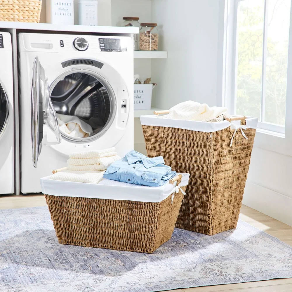 

Handwoven Resin Rattan Laundry Basket with Removable Liner Waterproof Durable Steel Frame Home Storage Stylish Organizer