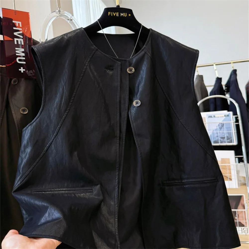 New round-neck sleeveless PU leather vest for women autumn vest jacket