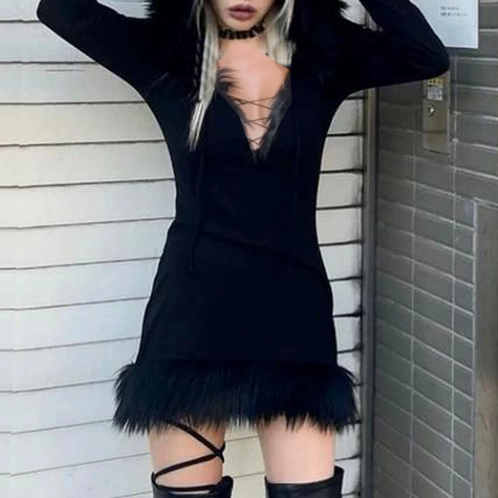 Weihnachtskostüme, süßes Plüsch-Langarm-Mini-Kleid mit Kapuze für Frauen, Cosplay, Maskerade, Rollenspiel-Party-Outfits