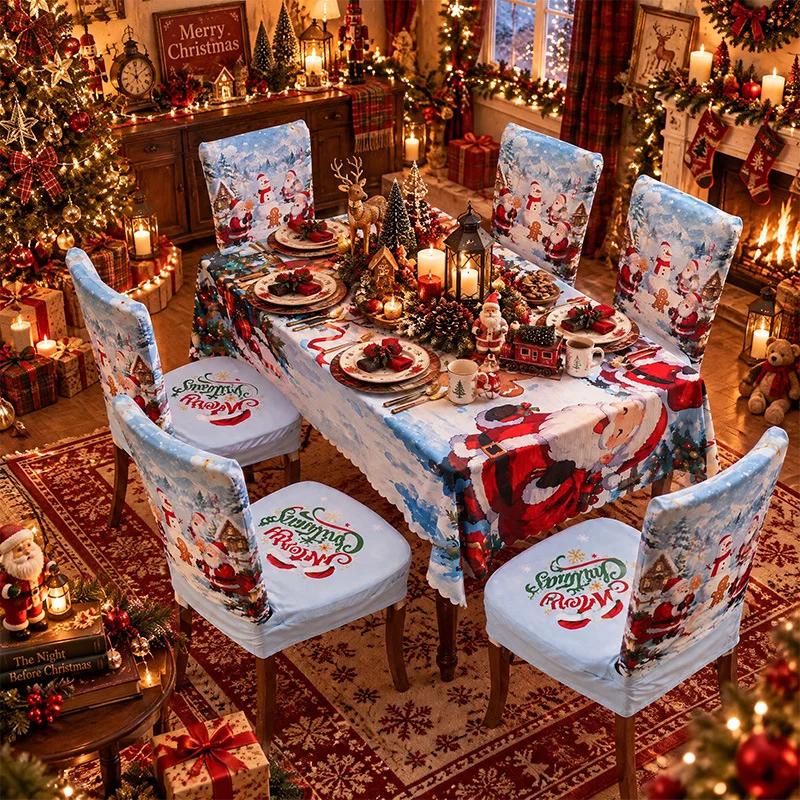 5/7-Piece Festive Atmosphere Suits Christmas Tablecloth Chair Cover Set Digital Printed Christmas Decorations Tablecloths